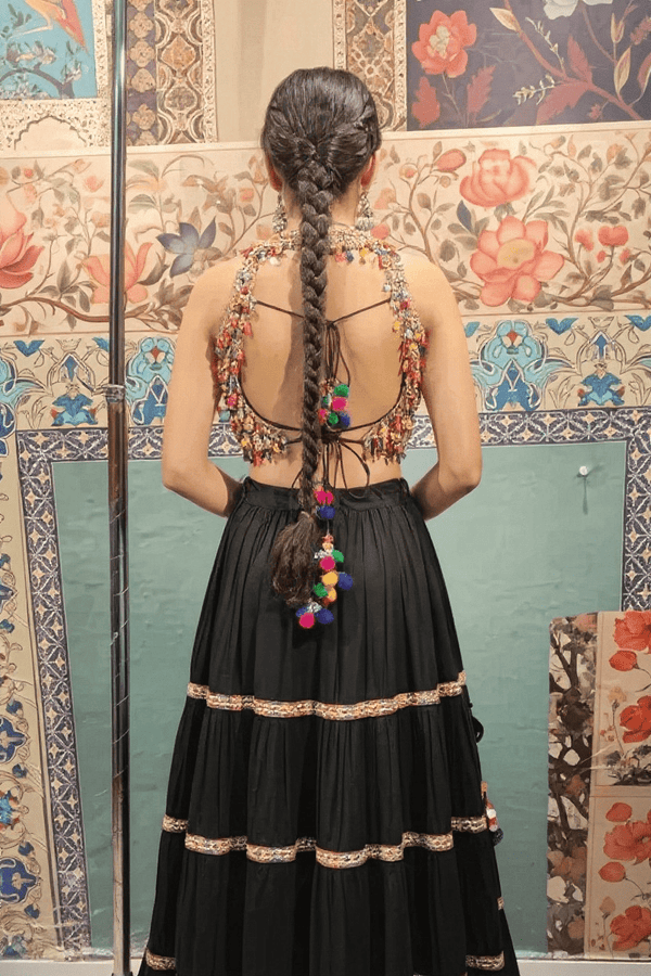 Black Tiered Lehenga with Multicolor Beaded Blouse - Rajni Collection