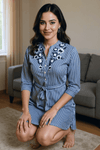 Blue Striped Shirt Dress with Floral Embroidery & Waist Tie - Rajni Collection