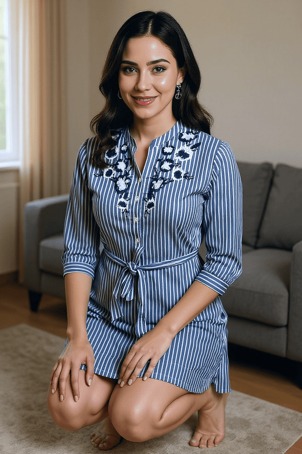 Blue Striped Shirt Dress with Floral Embroidery & Waist Tie - Rajni Collection