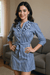 Blue Striped Shirt Dress with Floral Embroidery & Waist Tie - Rajni Collection
