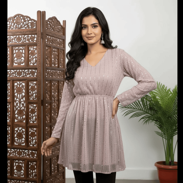 Blush Pink Shimmer Tunic with Long Sleeves - Rajni Collection