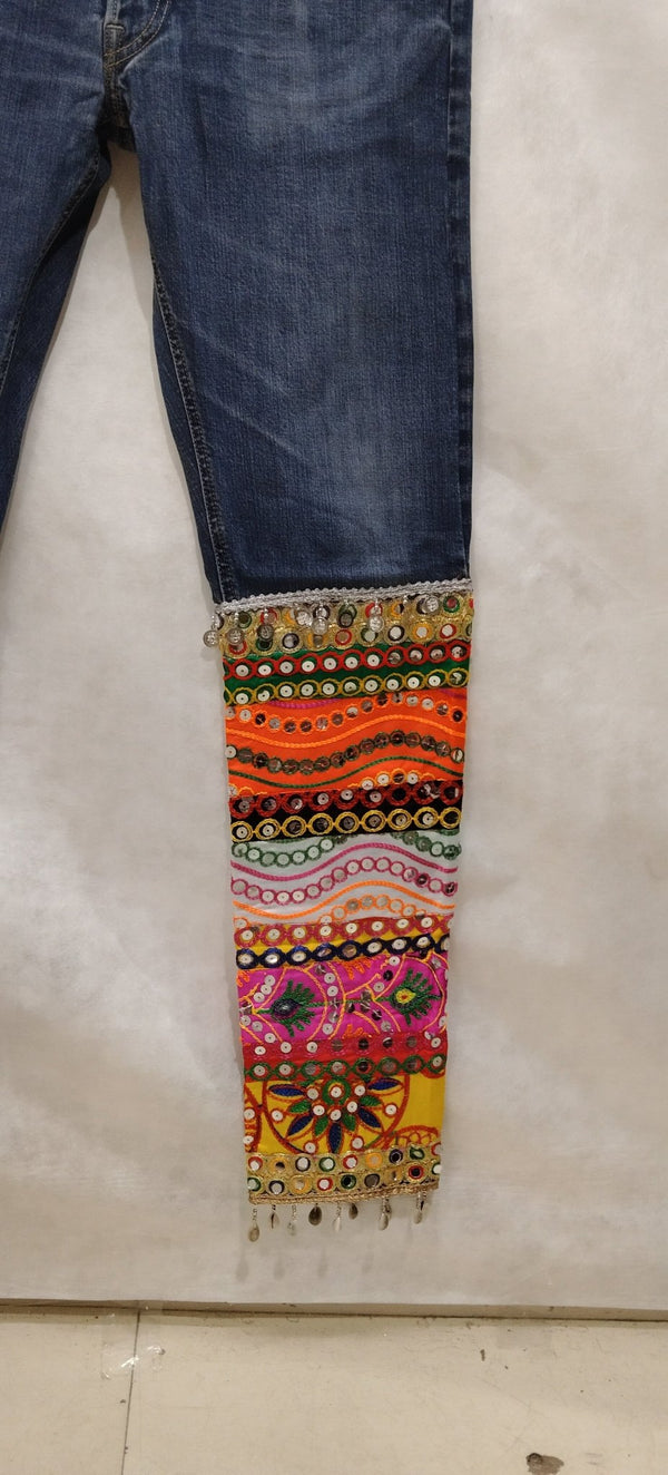 Bohemian Denim Pants with Handmade Embroidery & Patchwork – Unique Artisan Wear - Rajni Collection