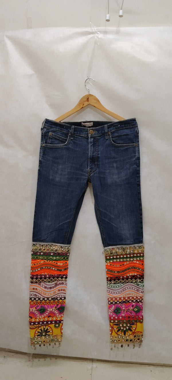 Bohemian Denim Pants with Handmade Embroidery & Patchwork – Unique Artisan Wear - Rajni Collection