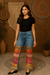 Bohemian Denim Pants with Handmade Embroidery & Patchwork – Unique Artisan Wear - Rajni Collection