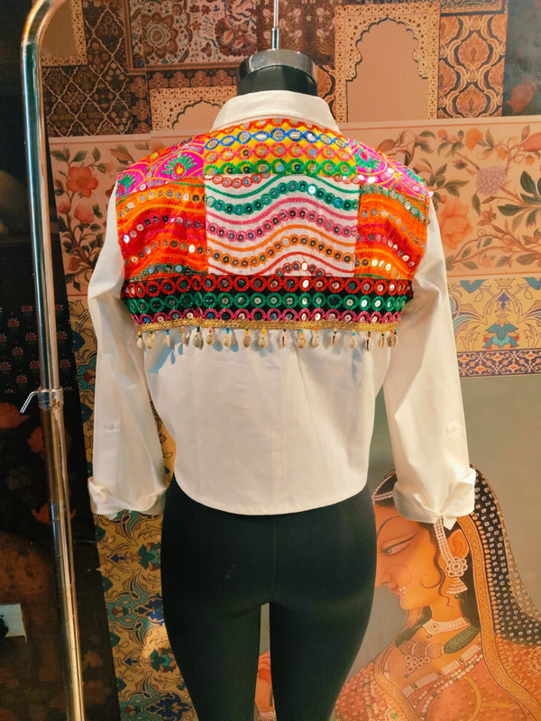 Boho Embroidered Tie - Knot Denim Shirt – Fusion Casual Wear - Rajni Collection