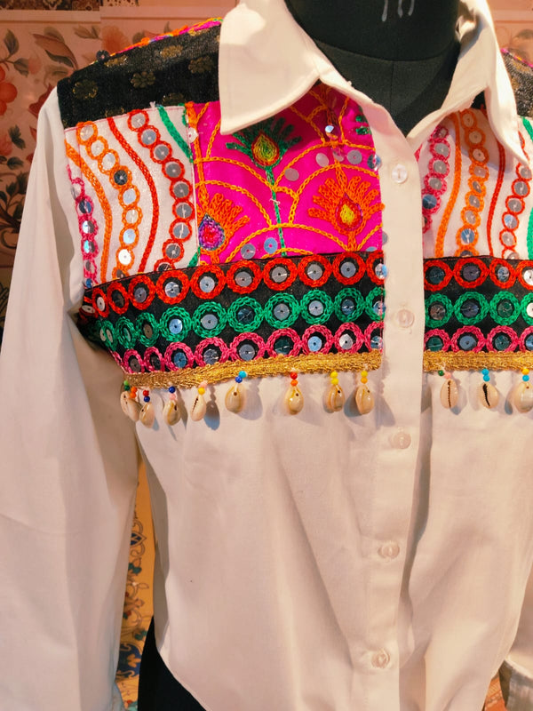 Boho Embroidered Tie - Knot Denim Shirt – Fusion Casual Wear - Rajni Collection