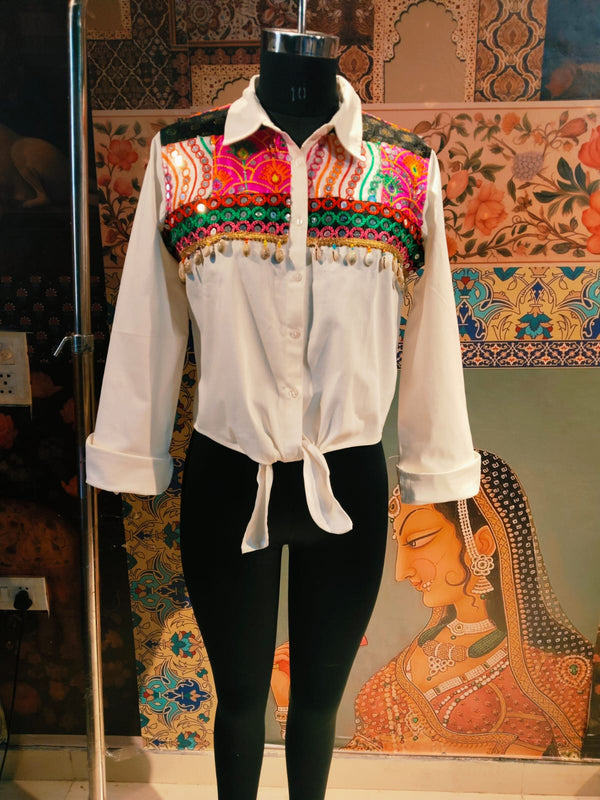Boho Embroidered Tie - Knot Denim Shirt – Fusion Casual Wear - Rajni Collection