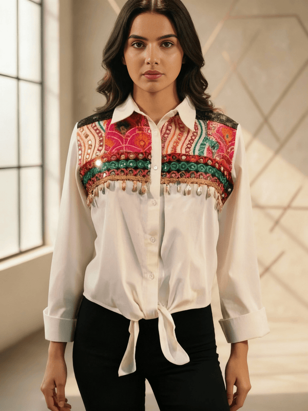 Boho Embroidered Tie - Knot Denim Shirt – Fusion Casual Wear - Rajni Collection