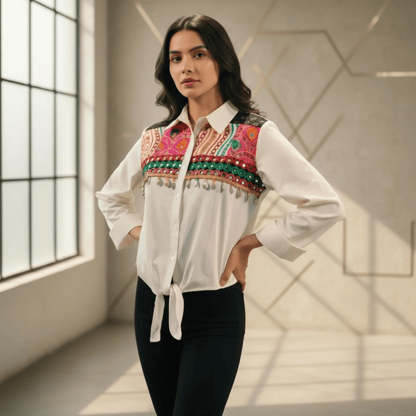Boho Embroidered Tie - Knot Denim Shirt – Fusion Casual Wear - Rajni Collection