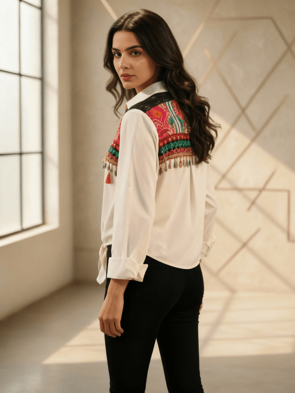 Boho Embroidered Tie - Knot Denim Shirt – Fusion Casual Wear - Rajni Collection