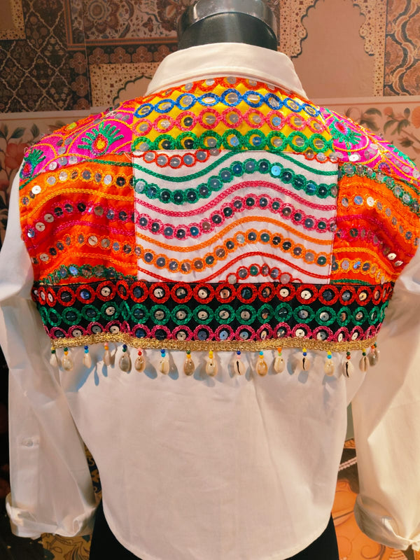 Boho Embroidered Tie - Knot Denim Shirt – Fusion Casual Wear - Rajni Collection