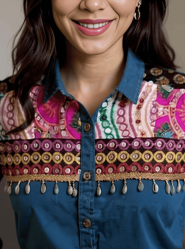 Boho Fusion Embroidered Denim Shirt – Tie Knot Style - Rajni Collection