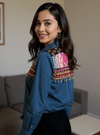 Boho Fusion Embroidered Denim Shirt – Tie Knot Style - Rajni Collection