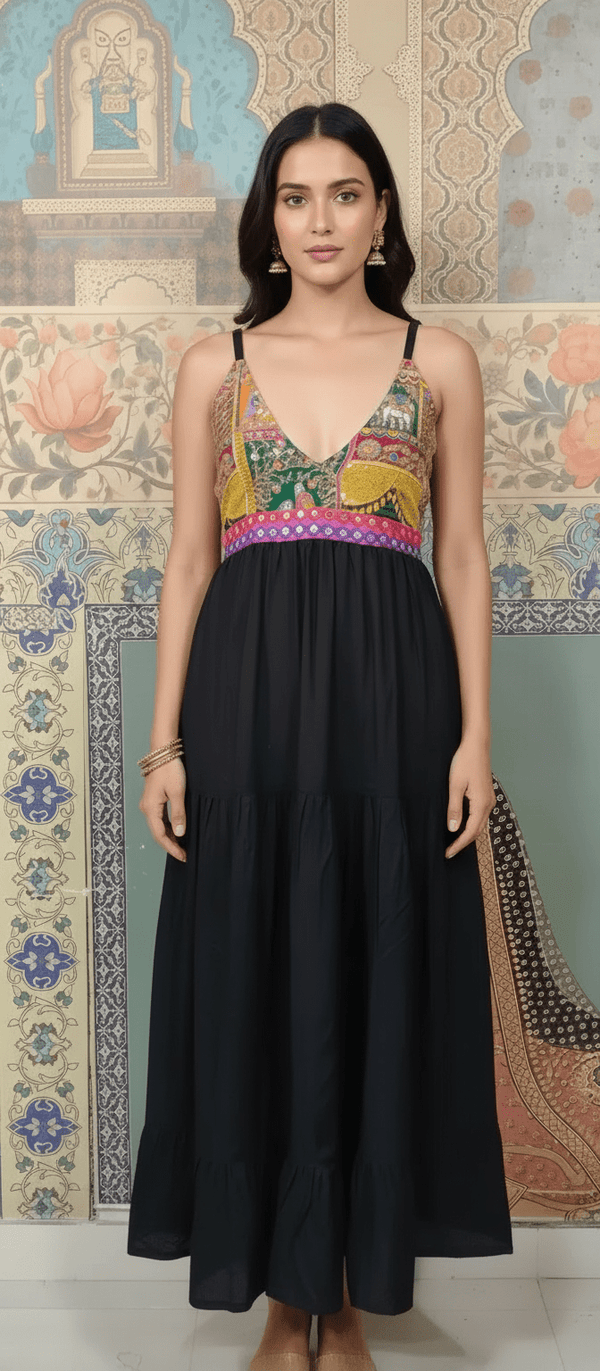 Boho Patchwork Black Maxi Dress - Rajni Collection