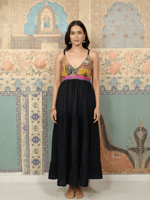 Boho Patchwork Black Maxi Dress - Rajni Collection