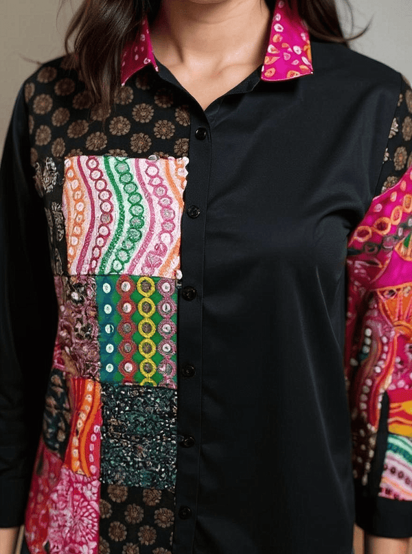 Boho Patchwork Magic Shirt – Multicolor Art on Black - Rajni Collection