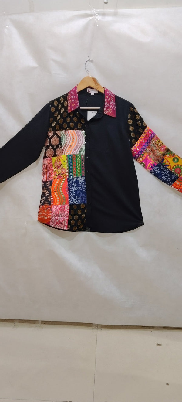 Boho Patchwork Magic Shirt – Multicolor Art on Black - Rajni Collection