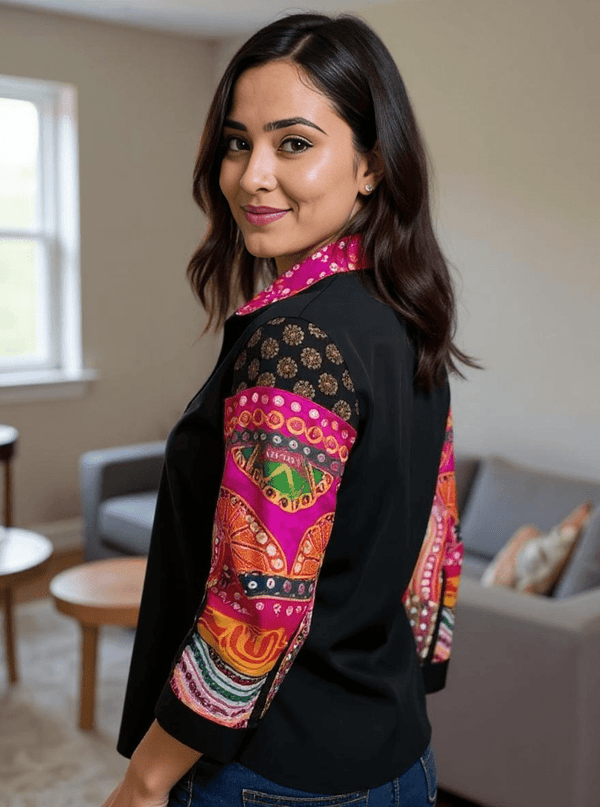 Boho Patchwork Magic Shirt – Multicolor Art on Black - Rajni Collection