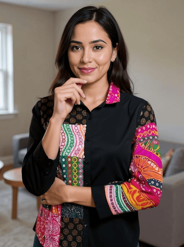 Boho Patchwork Magic Shirt – Multicolor Art on Black - Rajni Collection