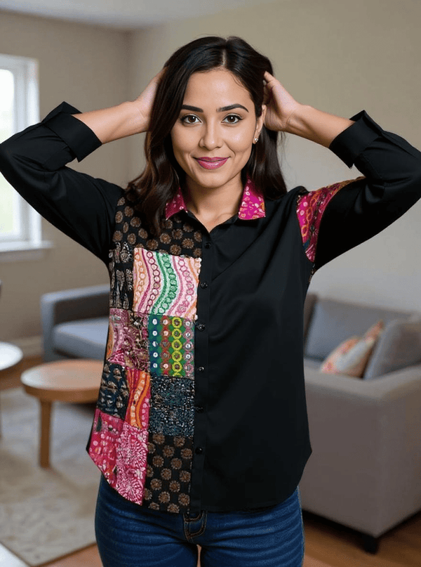 Boho Patchwork Magic Shirt – Multicolor Art on Black - Rajni Collection