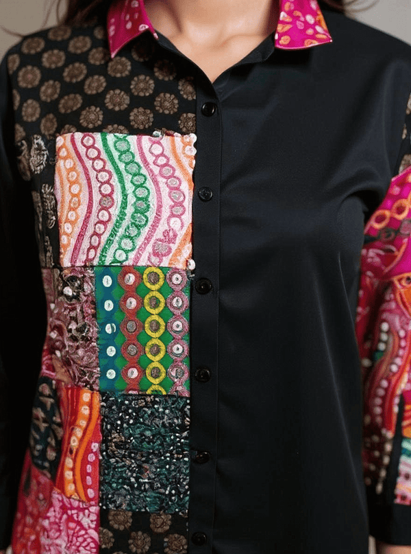 Boho Patchwork Magic Shirt – Multicolor Art on Black - Rajni Collection