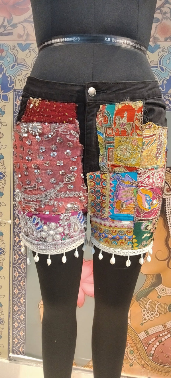 Boho Patchwork Mirror Embroidered Shorts - Rajni Collection