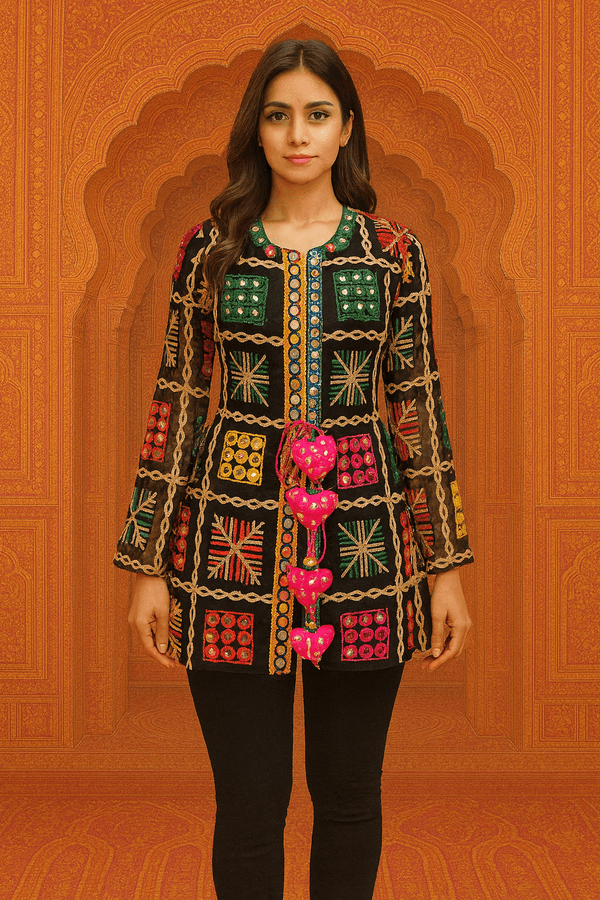 Boho Phulkari Mirror Work Kurti – Multicolor Embroidered Jacket Style - Rajni Collection