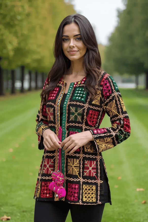 Boho Phulkari Mirror Work Kurti – Multicolor Embroidered Jacket Style - Rajni Collection