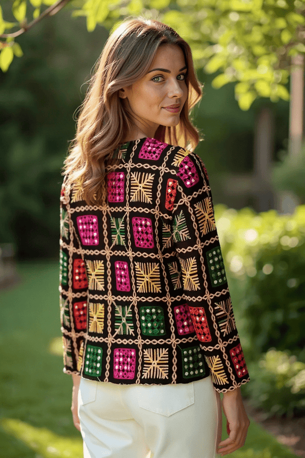 Boho Phulkari Mirror Work Kurti – Multicolor Embroidered Jacket Style - Rajni Collection