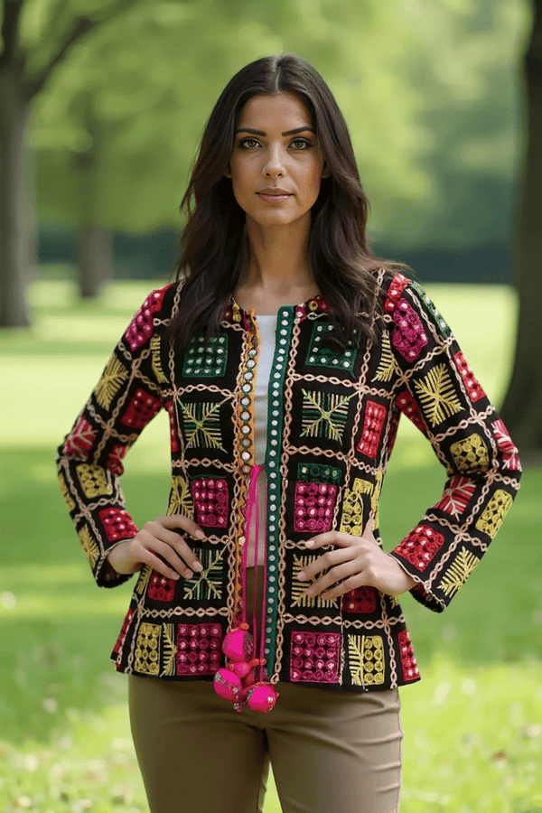 Boho Phulkari Mirror Work Kurti – Multicolor Embroidered Jacket Style - Rajni Collection