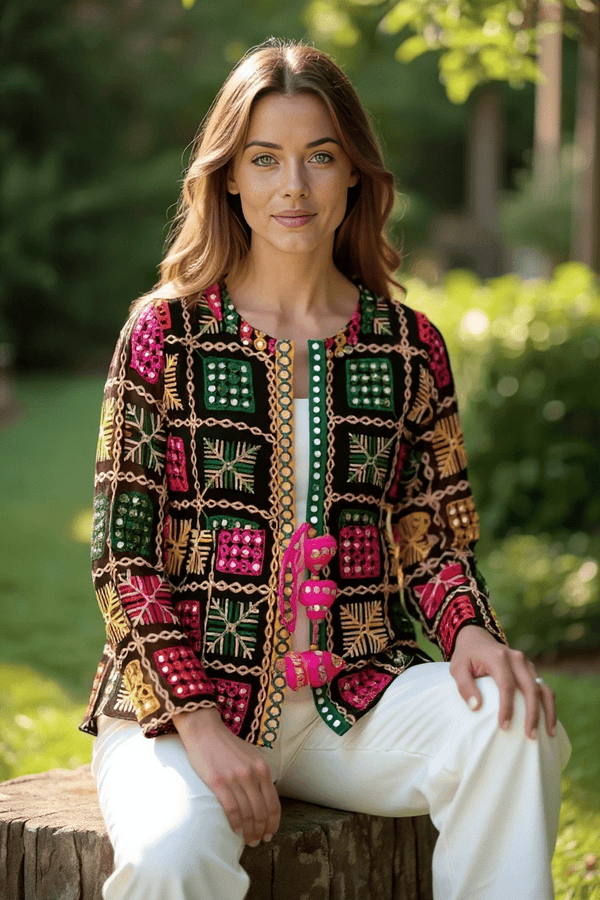 Boho Phulkari Mirror Work Kurti – Multicolor Embroidered Jacket Style - Rajni Collection