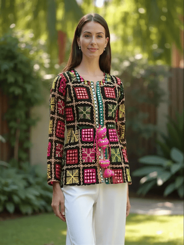 Boho Phulkari Mirror Work Kurti – Multicolor Embroidered Jacket Style - Rajni Collection