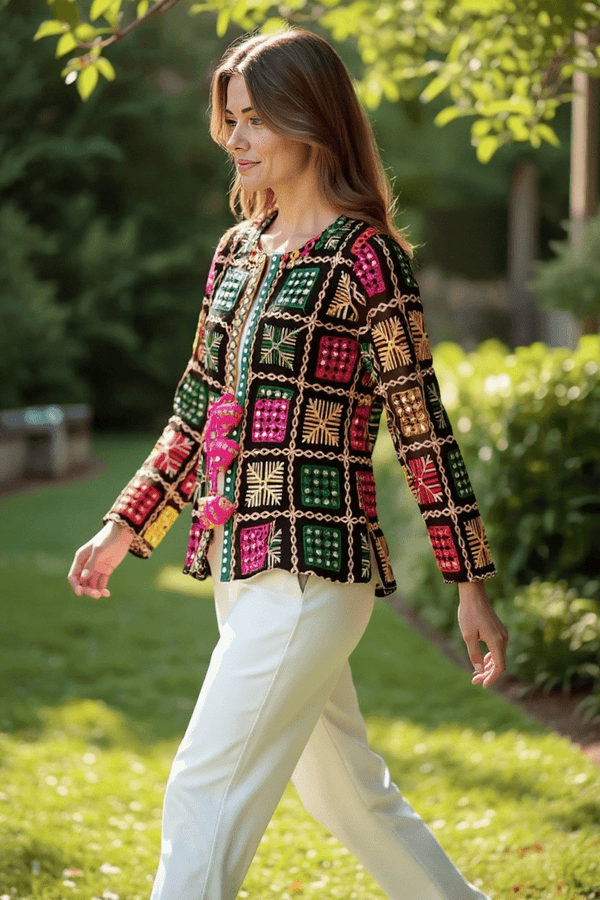 Boho Phulkari Mirror Work Kurti – Multicolor Embroidered Jacket Style - Rajni Collection