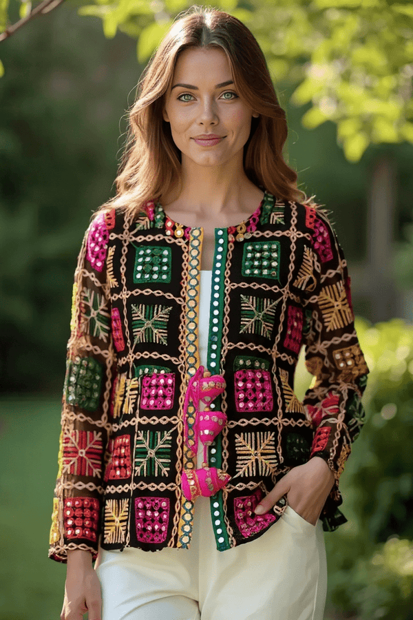 Boho Phulkari Mirror Work Kurti – Multicolor Embroidered Jacket Style - Rajni Collection