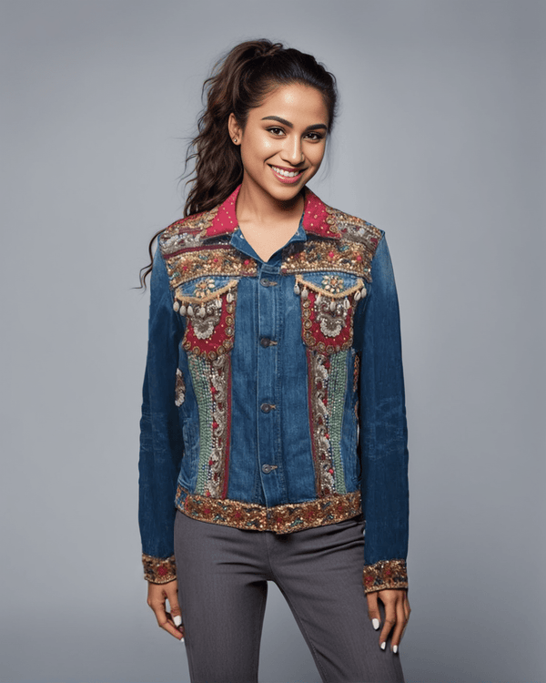 Boho Regal Hand - Embroidered Denim Jacket – Luxe Fusion Wear - Rajni Collection