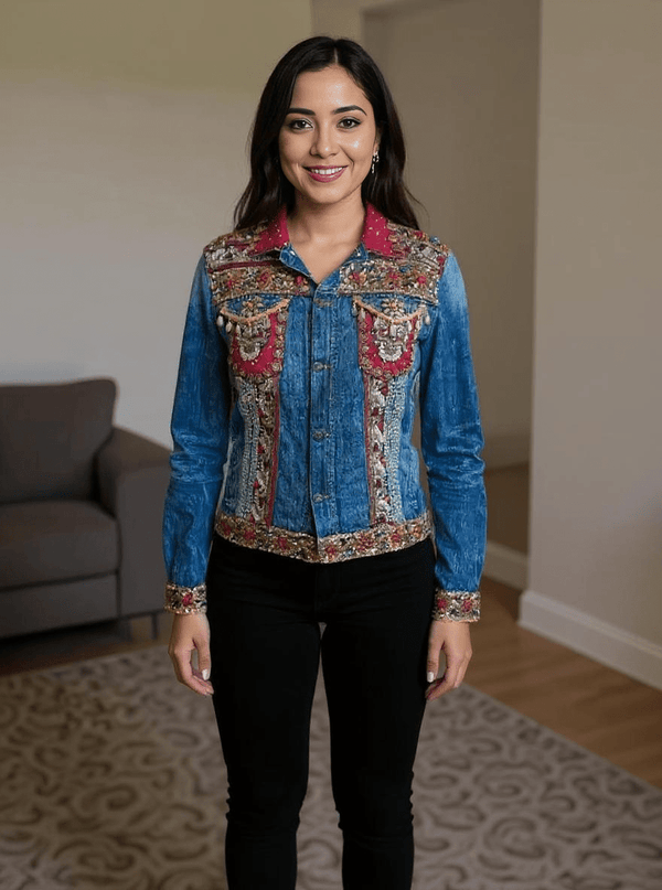 Boho Regal Hand - Embroidered Denim Jacket – Luxe Fusion Wear - Rajni Collection