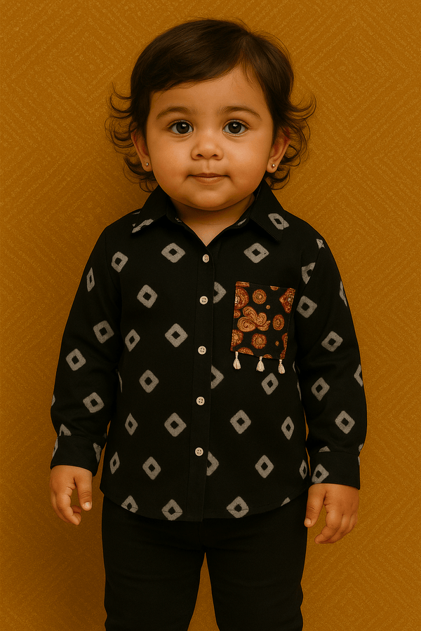 Cute Baby Girl Black Bandhani Shirt with Embellished Pocket Kidswear - Rajni Collection