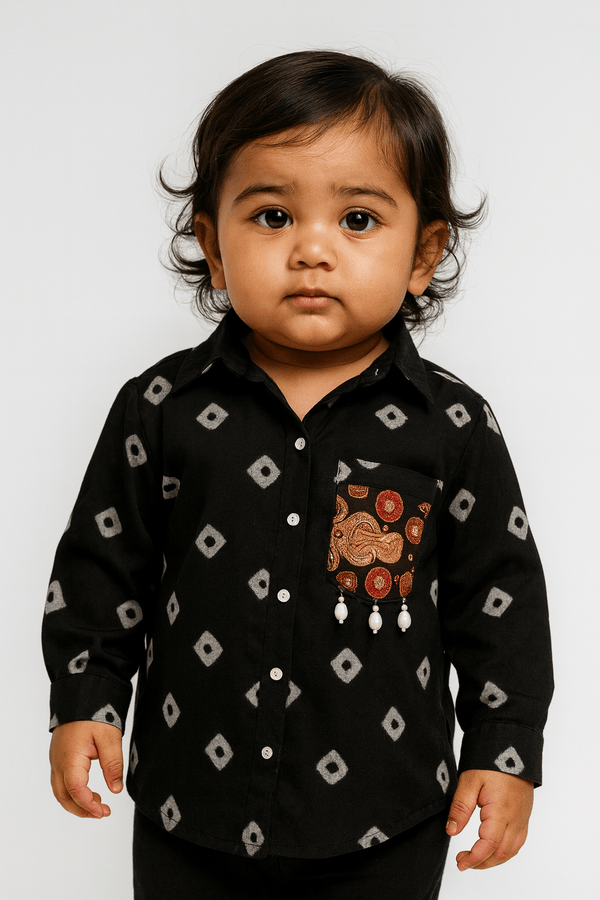 Cute Baby Girl Black Bandhani Shirt with Embellished Pocket Kidswear - Rajni Collection