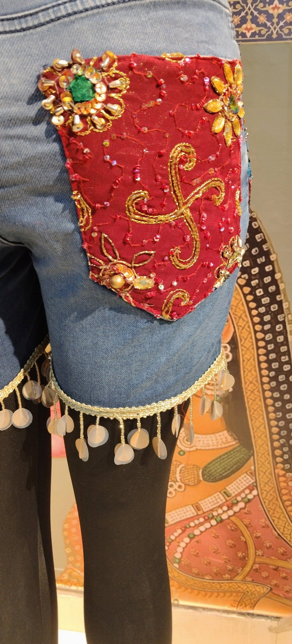 Denim Shorts Boho Patchwork Embroidered - Rajni Collection