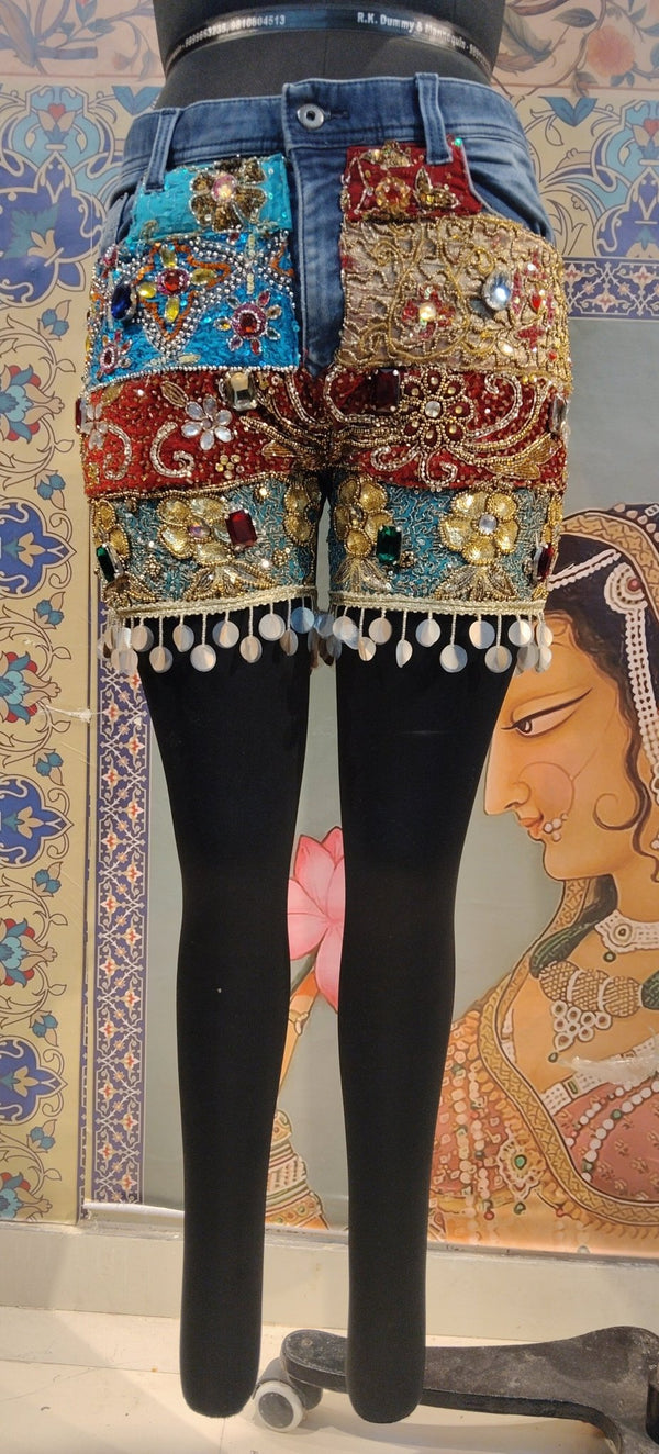 Denim Shorts Boho Patchwork Embroidered - Rajni Collection