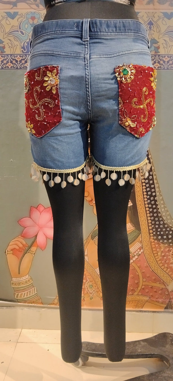 Denim Shorts Boho Patchwork Embroidered - Rajni Collection