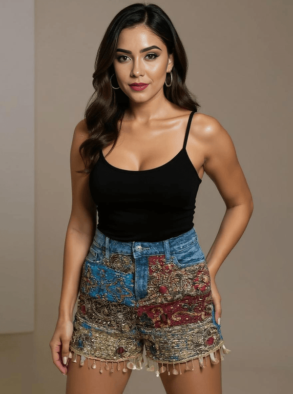 Denim Shorts Boho Patchwork Embroidered - Rajni Collection
