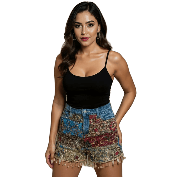 Denim Shorts Boho Patchwork Embroidered - Rajni Collection