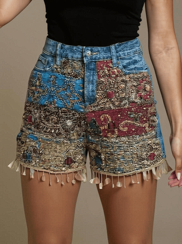 Denim Shorts Boho Patchwork Embroidered - Rajni Collection