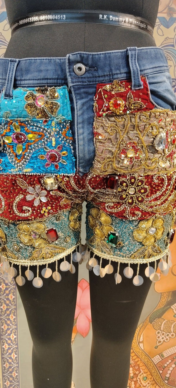Denim Shorts Boho Patchwork Embroidered - Rajni Collection