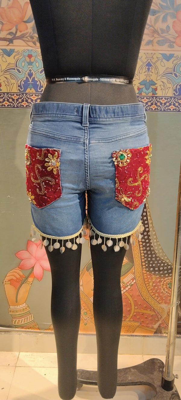 Denim Shorts Boho Patchwork Embroidered - Rajni Collection