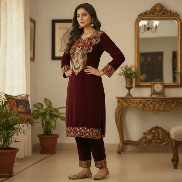 Designer Maroon Velvet Kurta Set with Heavy Embroidery - Rajni Collection