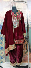 Designer Maroon Velvet Kurta Set with Heavy Embroidery - Rajni Collection