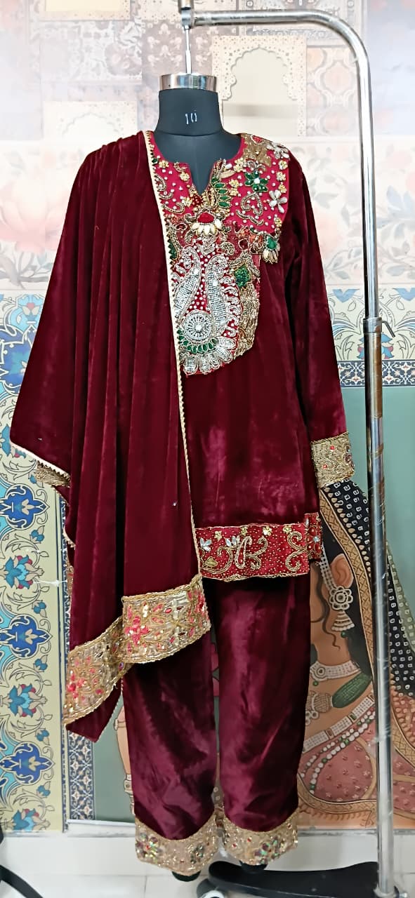 Designer Maroon Velvet Kurta Set with Heavy Embroidery - Rajni Collection