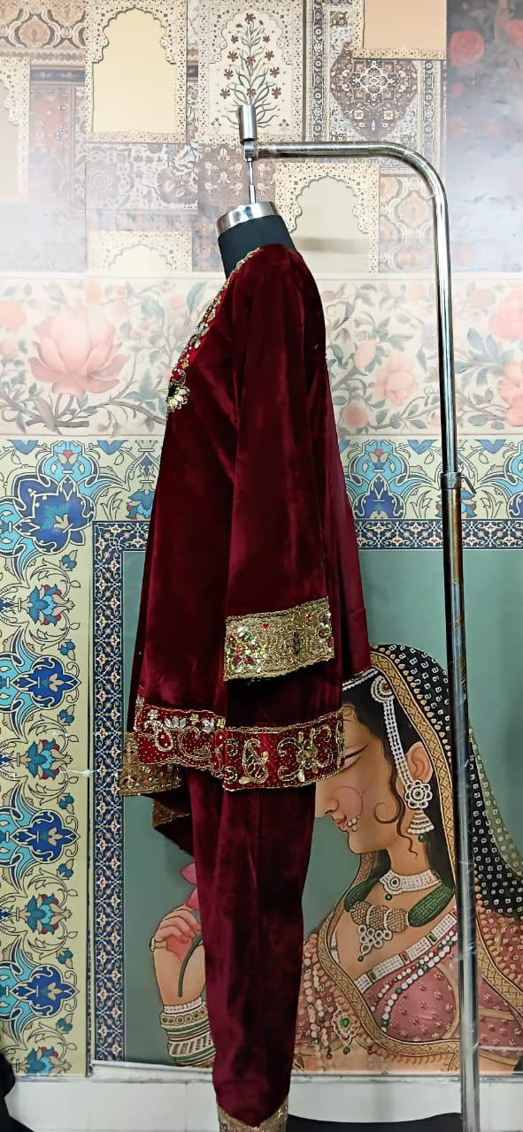 Designer Maroon Velvet Kurta Set with Heavy Embroidery - Rajni Collection